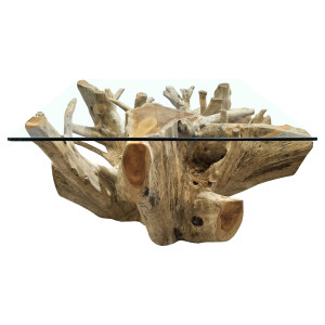 Table basse racine teck avec plateau en verre trempé L.80 cm - Style Naturel et Exotique - vue de profil - MANDWA 