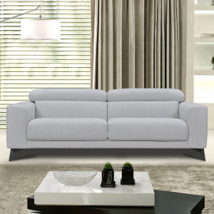 Canapé 3 places tissu chiné gris clair, pieds métal noir et têtières inclinables - photo d'ambiance - PANAMA