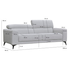 Canapé 3 places tissu chiné gris clair, pieds métal noir et têtières inclinables - schéma dimensions - PANAMA