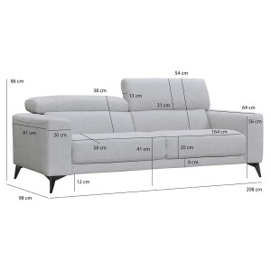 Canapé 3 places tissu chiné gris clair, pieds métal noir et têtières inclinables - schéma dimensions - PANAMA