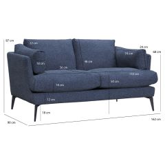 Canapé droit 2 places en tissu chiné bleu avec pieds métal noir - DANY - dimensions