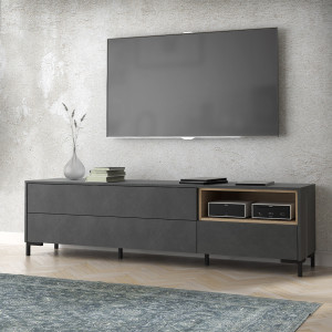 Meuble TV finition béton gris et tiroirs avec système push open - vue en ambiance - UNIVERSE