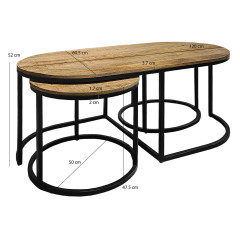 Tables basses gigogne ronde en bois massif de manguier et métal noir - dimensions - HAFO