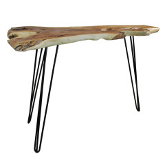 Table de bar haute en bois de teck et pieds filaire en métal noir - vue de 3/4 - SONGA