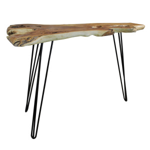 Table de bar haute en bois de teck et pieds filaire en métal noir - vue de 3/4 - SONGA