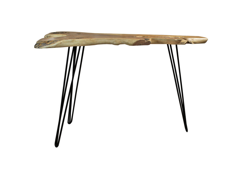 Table de bar haute en bois de teck et pieds filaire en métal noir - vue de face - SONGA