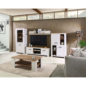 Vaisselier moderne avec vitrine en blanc et décor bois - photo ambiance meubles de salon collection ENORA