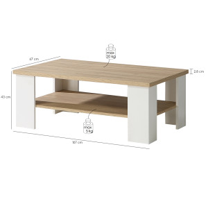 Table basse bois et blanc mat rectangulaire L107cm - photo dimensions - ENORA