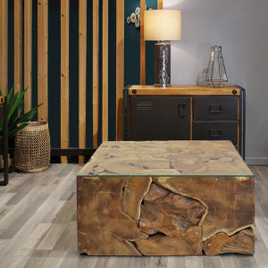 Table basse carrée en bois de teck et plateau en verre trempé 100x100 - vue en ambiance - SATAI
