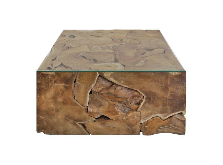 Table basse carrée en bois de teck et plateau en verre trempé 100x100 - vue de face - SATAI