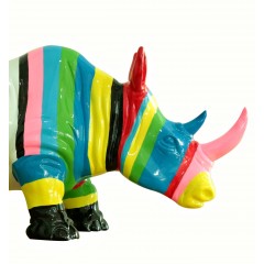 Statue rhinocéros décoration multicolore rayée corne rose - objet design moderne L54 cm - NAMBIE