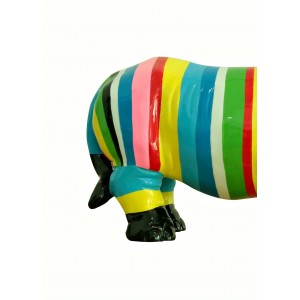 Statue rhinocéros décoration multicolore rayée corne rose - objet design moderne L54 cm - NAMBIE