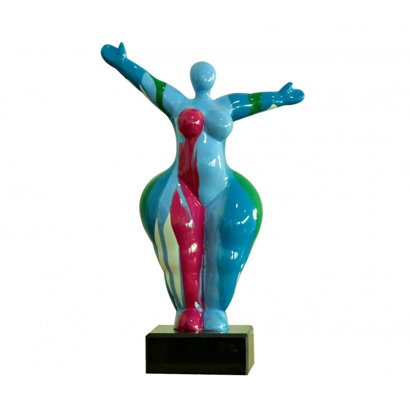 Statue femme debout figurine décoration bleue et multicolore