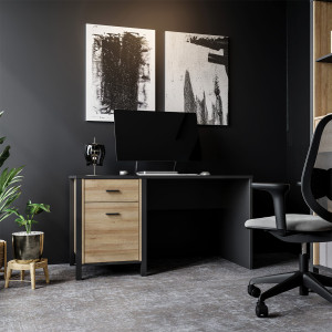 Petit bureau bois effet chêne avec poignées métal noir L120cm - MIAMI - photo ambiance