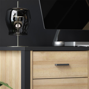 Petit bureau bois effet chêne avec poignées métal noir L120cm - MIAMI - zoom tiroir
