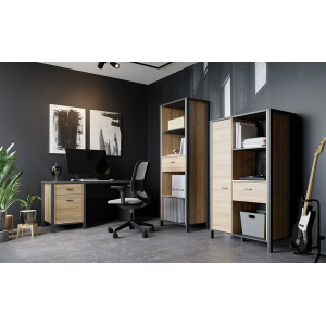 Petit bureau bois effet chêne avec poignées métal noir L120cm - MIAMI - photo ambiance bureau