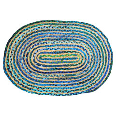 Tapis en jute tressée ovale bleu et vert artisanat indien 90cm  - SINNAR - vue du dessus