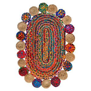 Tapis en jute tressée ovale multicolore artisanat indien 90cm - YEOLA - vue du dessus verticale