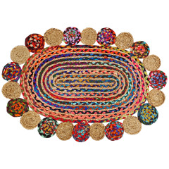 Tapis en jute tressée ovale multicolore artisanat indien 90cm - YEOLA - vue du dessus horizontale