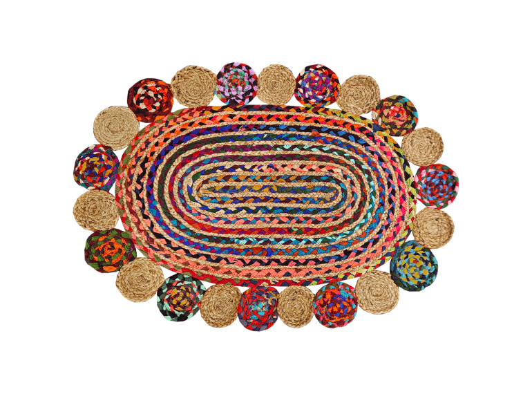 Tapis en jute tressée ovale multicolore artisanat indien 90cm - YEOLA - vue du dessus horizontale