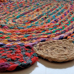 Tapis en jute tressée ovale multicolore artisanat indien 90cm - YEOLA -zoom sur matière jute 4