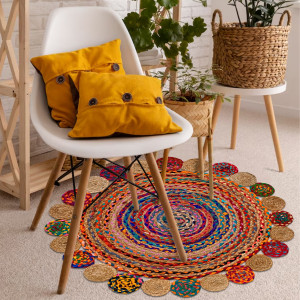 Tapis rond en jute multicolore artisanat indien 90cm - JALNA - photo d'ambiance