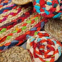 Tapis rond en jute multicolore artisanat indien 90cm - JALNA - photo ambiance zoom tissage