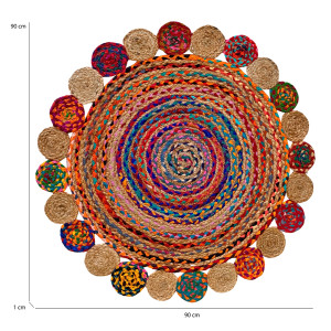 Tapis rond en jute multicolore artisanat indien 90cm - JALNA - vue avec dimensions