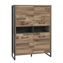 Vaisselier industriel décor bois recyclé et métal 4 portes 2 niches - BUDDY - vue 3/4 