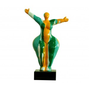Statuette femme ronde en résine jaune/vert H34cm - vue de face - GREEN LADY