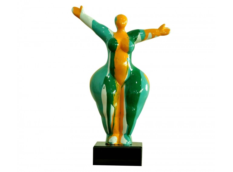 Statuette femme ronde en résine jaune/vert H34cm - vue de face - GREEN LADY