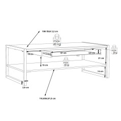 Table basse industrielle effet bois recyclé & métal 1 tiroir L110cm  - BUDDY - schéma dimensions intérieures