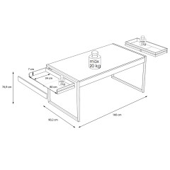Table de repas en bois effet recyclé et métal noir 2 tiroirs L166cm - BUDDY - schéma dimensions tiroirs ouverts