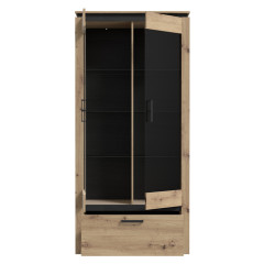 Vitrine industrielle décor bois de chêne et métal noir 1 tiroir et 2 portes vitrées - vue de face rangements ouverts - PRAO