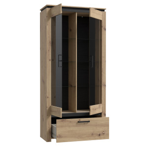 Vitrine industrielle décor bois de chêne et métal noir 1 tiroir et 2 portes vitrées - vue de 3/4 rangements ouverts - PRAO