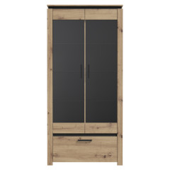 Vitrine industrielle décor bois de chêne et métal noir 1 tiroir et 2 portes vitrées - vue de face - PRAO