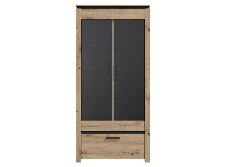 Vitrine industrielle décor bois de chêne et métal noir 1 tiroir et 2 portes vitrées - vue de face - PRAO