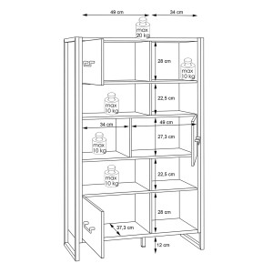 Bibliothèque bois effet recyclé et métal noir 3 portes 7 niches - BUDDY - schéma dimensions intérieures