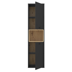 Colonne de rangement noire effet bois de chêne 2 portes réversibles  - DORY - vue de face portes ouvertes
