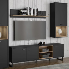 Meuble TV noir effet bois de chêne avec rangement design contemporain - DORY - photo ambiance
