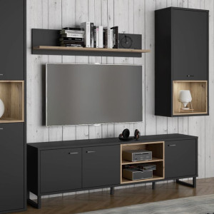Meuble TV noir effet bois de chêne avec rangement design contemporain - DORY - photo ambiance