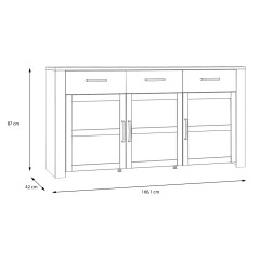Buffet salon salle à manger moderne décor bois gris 3 tiroirs et 3 portes L166 cm - ST MALO - dimensions extérieures