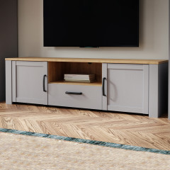 Meuble télé décor bois gris et chêne clair avec rangement 1 tiroir 2 portes - ST MALO - photo ambiance
