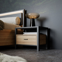 Table de chevet bois effet chêne et noir 1 tiroir - MIAMI  - photo ambiance