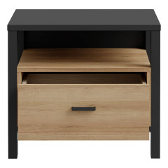 Table de chevet bois effet chêne et noir 1 tiroir - MIAMI - vue de face tiroir ouvert