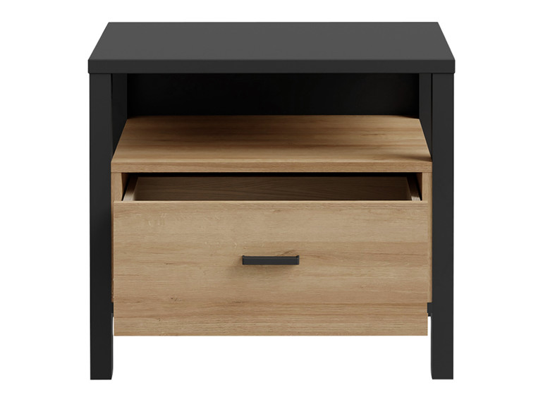 Table de chevet bois effet chêne et noir 1 tiroir - MIAMI - vue de face tiroir ouvert