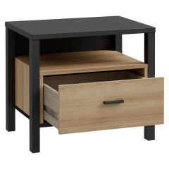 Table de chevet bois effet chêne et noir 1 tiroir - MIAMI - vue 3/4 tiroir ouvert