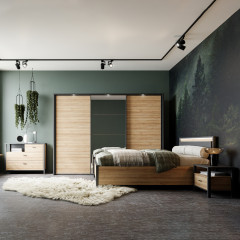 Table de chevet bois effet chêne et noir 1 tiroir - MIAMI - photo ambiance chambre