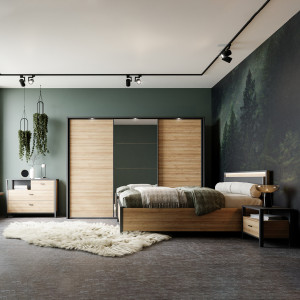 Lit double bois effet chêne et noir 160 x 200 cm - MIAMI - photo ambiance chambre