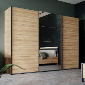 Armoire dressing bois effet chêne 3 portes coulissantes 1 miroir- MIAMI - photo ambiance